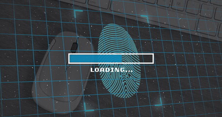 Poster - Image of loading over fingerprint, mouse and keyboard on desk