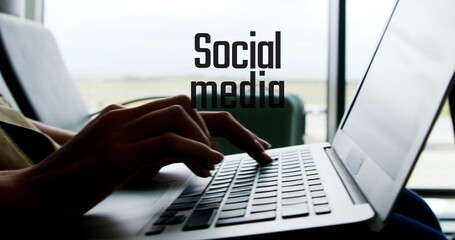 Poster - Image of social media text over woman using laptop