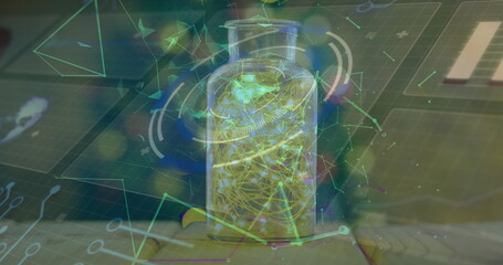 Poster - Image of plexus networks over glowing fairy lights in a glass jar against data processing