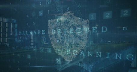 Poster - Image of digital shield over scanning and data processing on digital screen