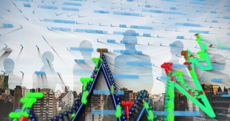 Poster - Financial data processing over silhouette of businesspeople against aerial view of cityscape