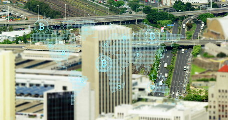 Poster - Image of data processing over cityscape