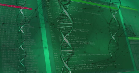 Poster - Image of dna rotating over data, lines and shapes on green background