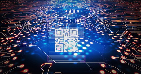 Leinwandbilder - Image of integrated circuit and qr code on navy background