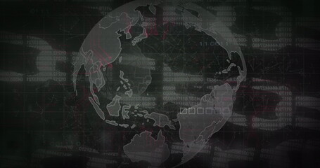 Poster - Spinning globe and network of connections over security chain icon against black background