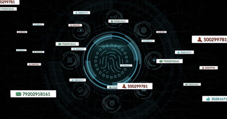 Poster - Speech bubbles over data protection text over round scanner and globe against black background