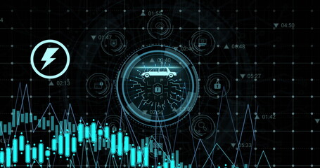 Poster - Statistical data processing and cyber security text over round scanner against black background