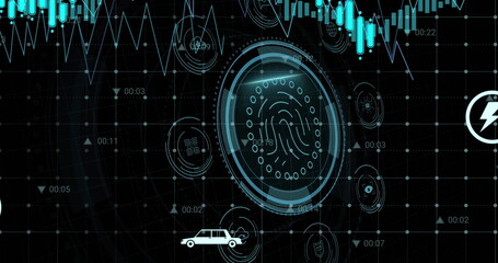Poster - Image of data protection and fingerprint in circle over graph on black background