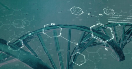 Poster - Image of chemical structures and data processing over dna strand spinning