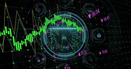 Poster - Image of cyber security and padlock in circle over graphs on black background