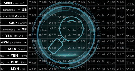 Aufkleber - cyber security text over round scanner against stock market data processing on black background