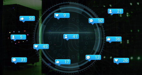 Poster - Multiple speech bubbles and cyber security text over round scanner against black background