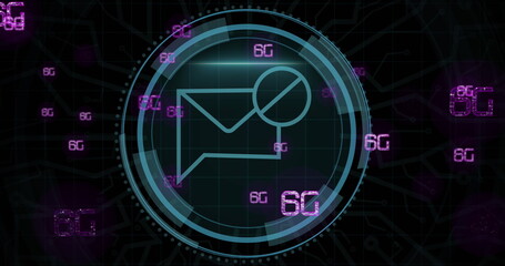 Poster - Image of cyber security and email in circle over 6g on black background