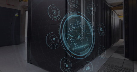 Poster - Cyber security text over round scanner against empty computer server room