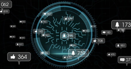 Poster - speech bubbles with increasing numbers and cyber security text on round scanner on black background