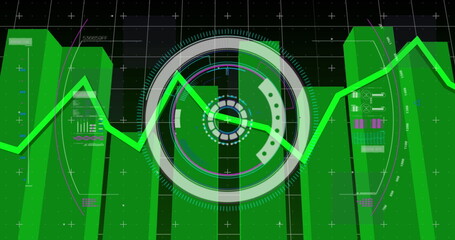 Poster - Green graphs over neon round scanner and data processing against black background