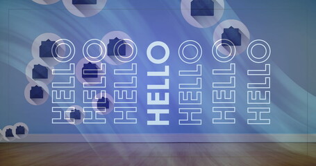 Poster - Image of multiple hello text banners over message icons floating against blue background