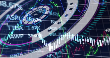 Poster - image of financial data processing over scan scoping on blue background