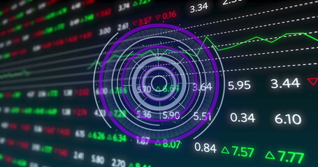 Poster - Image of processing circle and financial data on black background