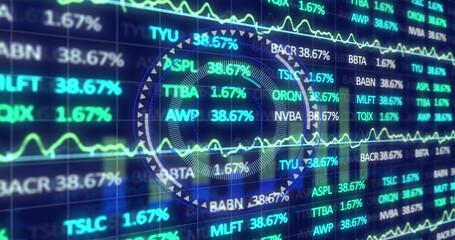 Poster - Stock market and statistical data processing over neon round scanner against blue background