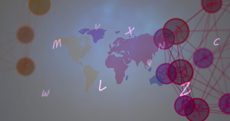 Poster - Image of two globes of digital icons and alphabets over world map against grey background