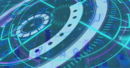Aufkleber - digital image of neon round scanners over statistical data processing against blue background