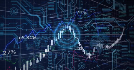 Poster - Microprocessor connections and financial data processing over neon round scanner on blue background