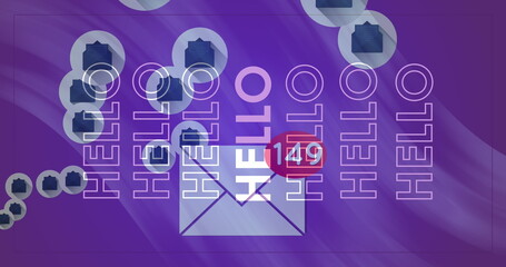 Poster - Image of icons, hello and email with changing numbers on violet background