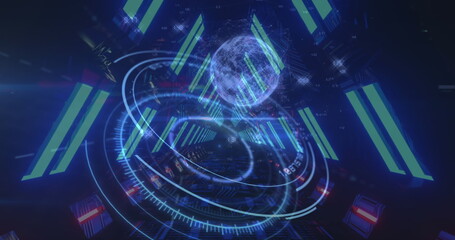 Poster - Image of globe, scope in blue neon tunnel