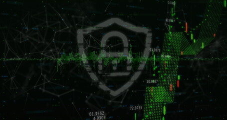 Poster - Financial data processing and security padlock shield icon against network of connections