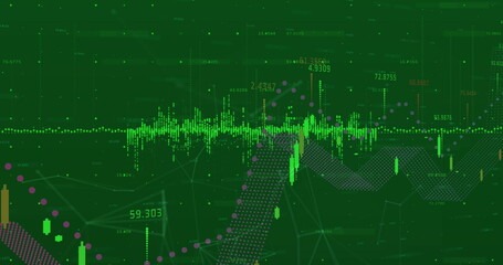Poster - Financial data processing and network of connections against green background