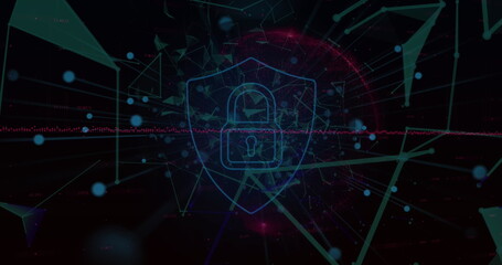 Poster - Security padlock shield icon over network of connections against black background