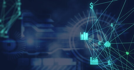 Poster - image of globe of digital icons spinning over digital interface with data processing