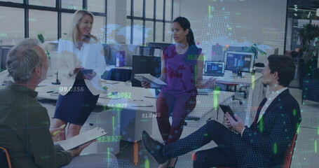 Poster - Financial data processing over group of diverse office colleagues discussing at office