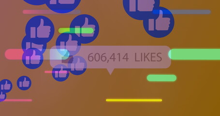 Poster - Image of social media reactions and colorful lines floating over orange background