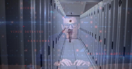 Poster - Image of caucasian male hacker over man walking in server room