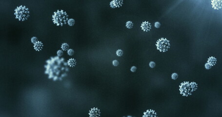 Poster - Digital image of multiple covid-19 cells floating against copy space on blue background