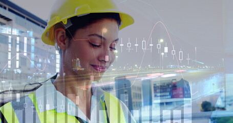 Poster - Image of statistical data processing over female architect against night city traffic