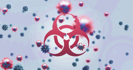 Poster - Image of biohazard symbol over virus cells