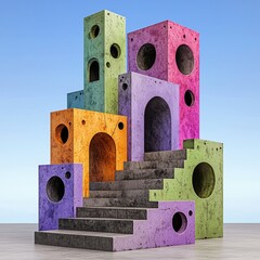 Poster - Abstract 3D rendering of colorful porous blocks forming a stairstep structure against a light blue background. The blocks have various shapes and