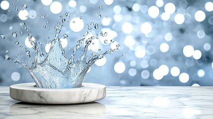 Poster - Water splash crown on a marble surface against a bokeh background. Cool blue tones, vibrant splash, reflective surface