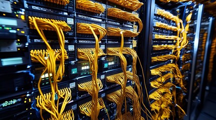 Poster - Intricate Network Server Room Cables Yellow Wires Data Center Technology Infrastructure Powerful Computing System Digital Network Connections Modern Data Storage High Tech         