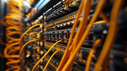 Poster - Network Server Rack Technology Orange Cables Data Center Digital Infrastructure Modern Technology High Speed Internet Connection Powerful Server Room Equipment Advanced Computing  