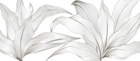Wall Mural - tropical art background with black and white tropical leaves in line art style. botanical banner for