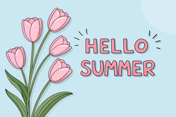  Cute spring bouquet of pink tulips with summer greeting in playful hand-drawn style