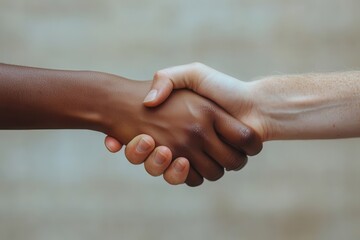 Fototapete - Hands united in a handshake symbolize friendship and cooperation between diverse individuals in a neutral setting
