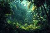 Lush tropical jungle scene. Sunlight filters through dense foliage