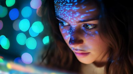 Focused young female coder typing code as colorful screen lights reflect on her face, surrounded by soft bokeh lights in a modern tech workspace.