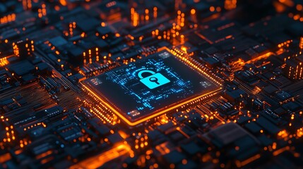Poster - Cybersecurity Digital Lock Technology Abstract Circuit Board Background  High Tech Innovation Secure Data Protection Network  Digital  Future Technology Graphic Design Element web 