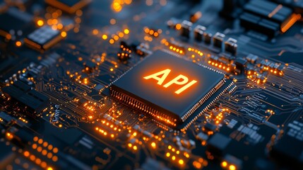 Poster - Abstract Digital API Technology Circuit Board Glowing Orange Lines Modern HighTech Innovation Powerful Network Data Processing System Futuristic Electronic Design Advanced         